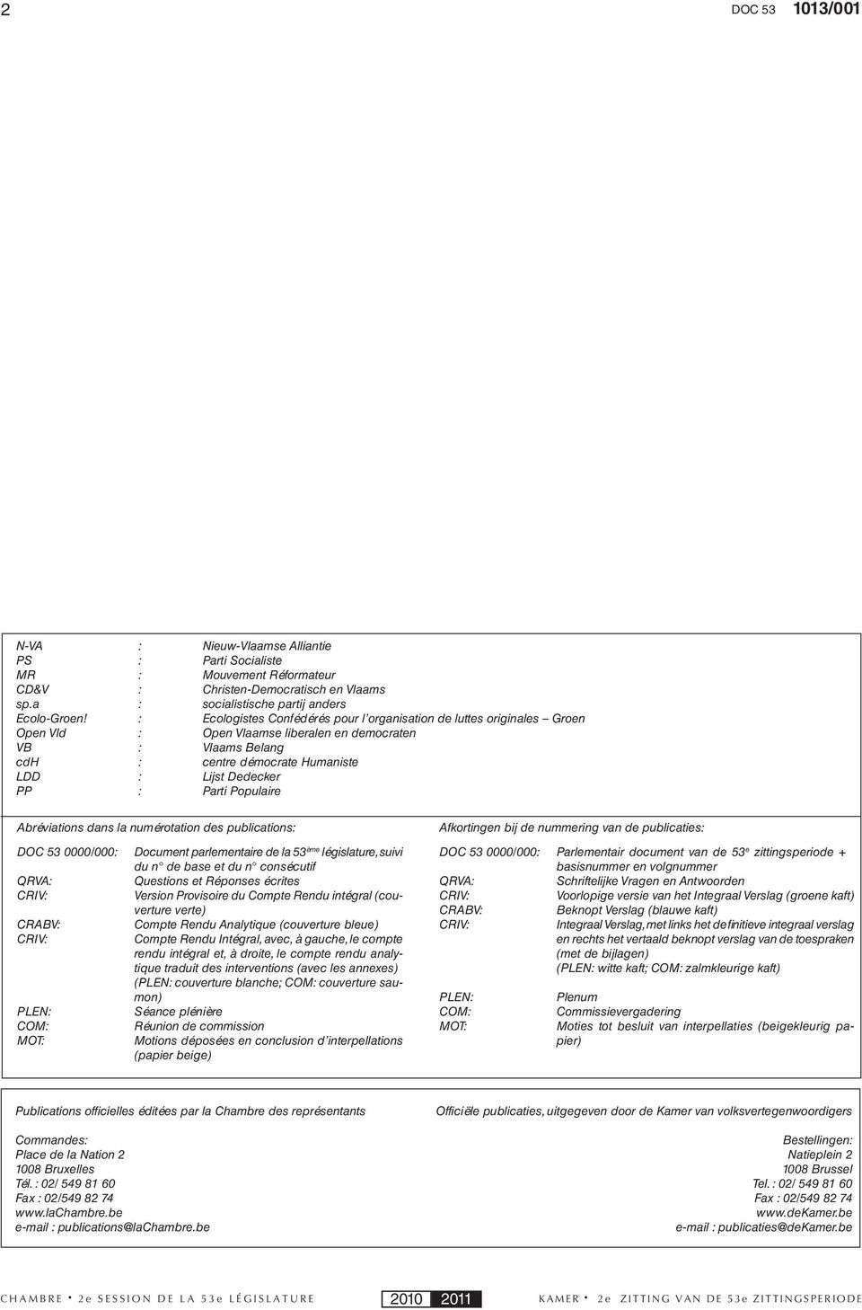 Parti Populaire Abréviations dans la numérotation des publications: DOC 53 0000/000: Document parlementaire de la 53 ème législature, suivi du n de base et du n consécutif QRVA: Questions et Réponses