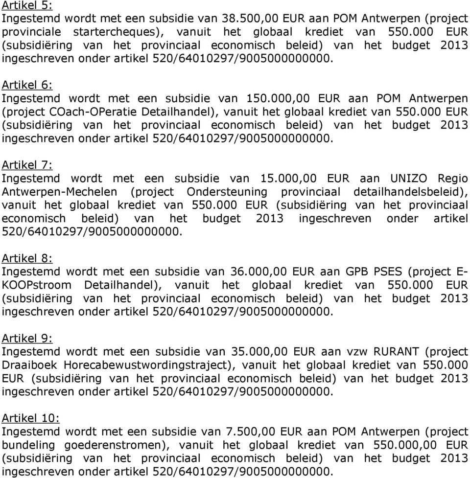 000,00 EUR aan POM Antwerpen (project COach-OPeratie Detailhandel), vanuit het globaal krediet van 550.