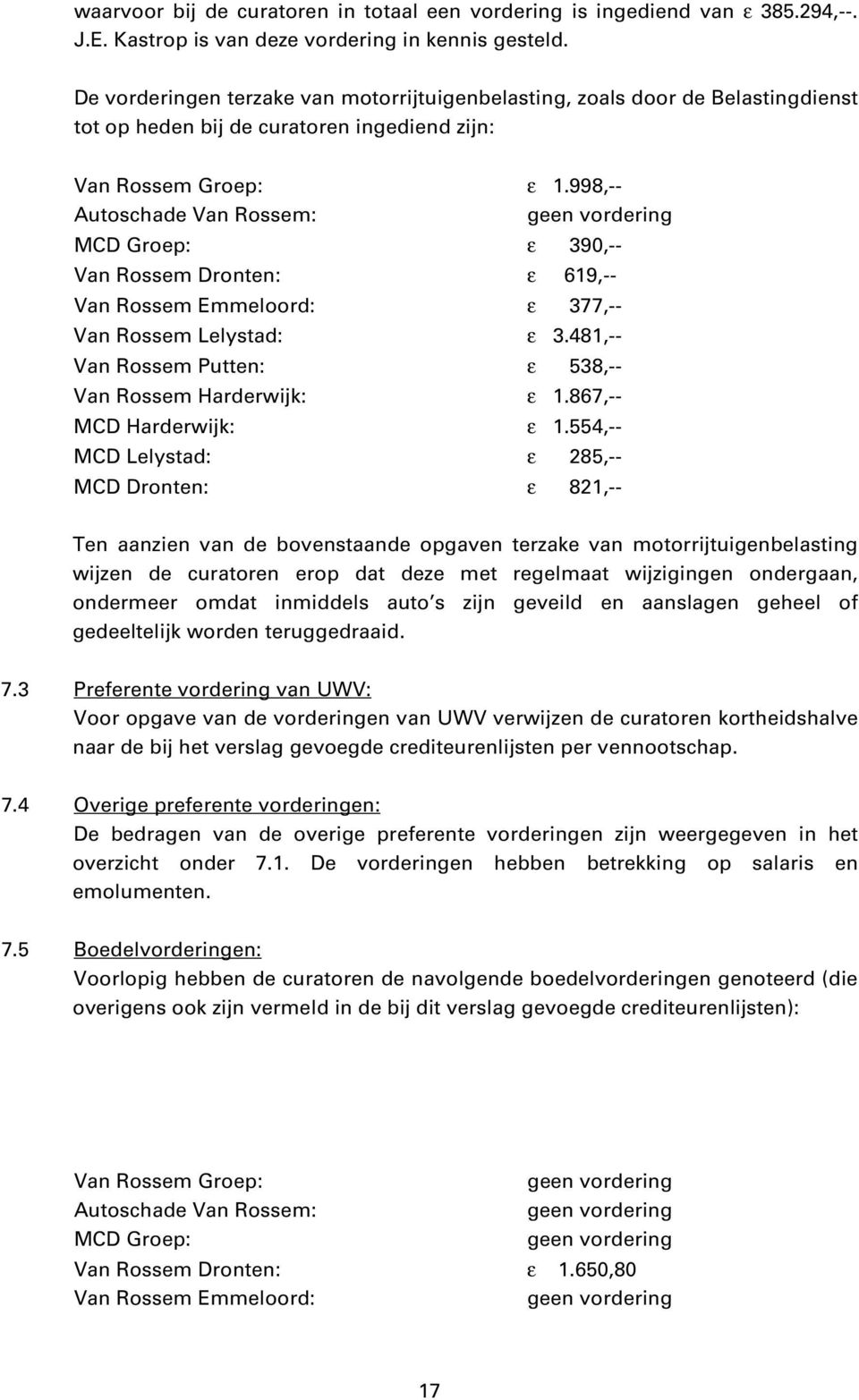 998,-- Autoschade Van Rossem: geen vordering MCD Groep: ε 390,-- Van Rossem Dronten: ε 619,-- Van Rossem Emmeloord: ε 377,-- Van Rossem Lelystad: ε 3.