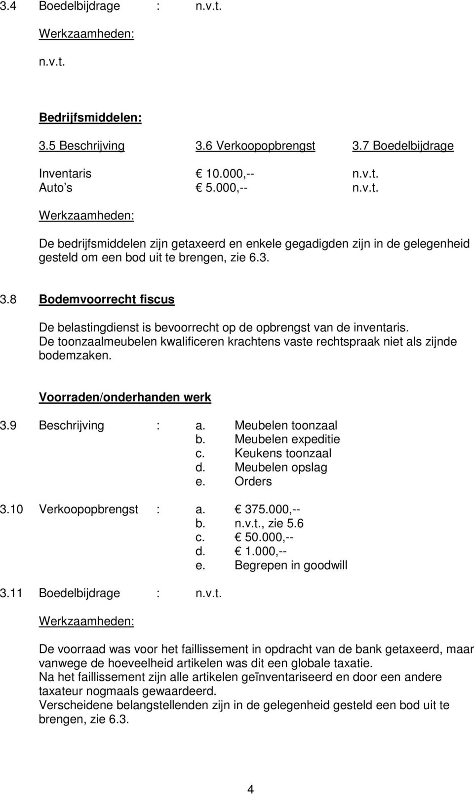 Voorraden/onderhanden werk 3.9 Beschrijving : a. Meubelen toonzaal b. Meubelen expeditie c. Keukens toonzaal d. Meubelen opslag e. Orders 3.10 Verkoopopbrengst : a. 375.000, b. n.v.t., zie 5.6 c. 50.