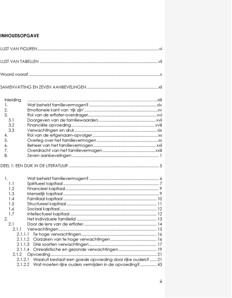 Rol van de erfgenaam-opvolger... xx 5. Overleg over het familievermogen... xx 6. Beheer van het familievermogen... xxii 7. Overdracht van het familievermogen... xxiii 8. Zeven aanbevelingen.