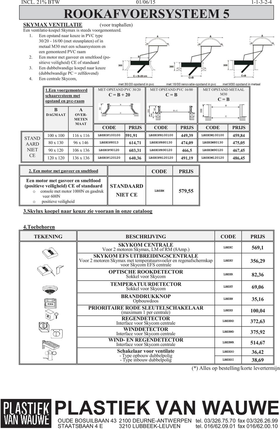 Een voorgemonteerd schaarsysteem met opstand en pvc-raam MET OPSTAND PVC 30/20 C = + 20 MET OPSTAND PVC 16/00 C = MET OPSTAND METAAL M30 C = STAND AARD NIET CE DAG A OVER- METEN CODE PRIJS CODE PRIJS