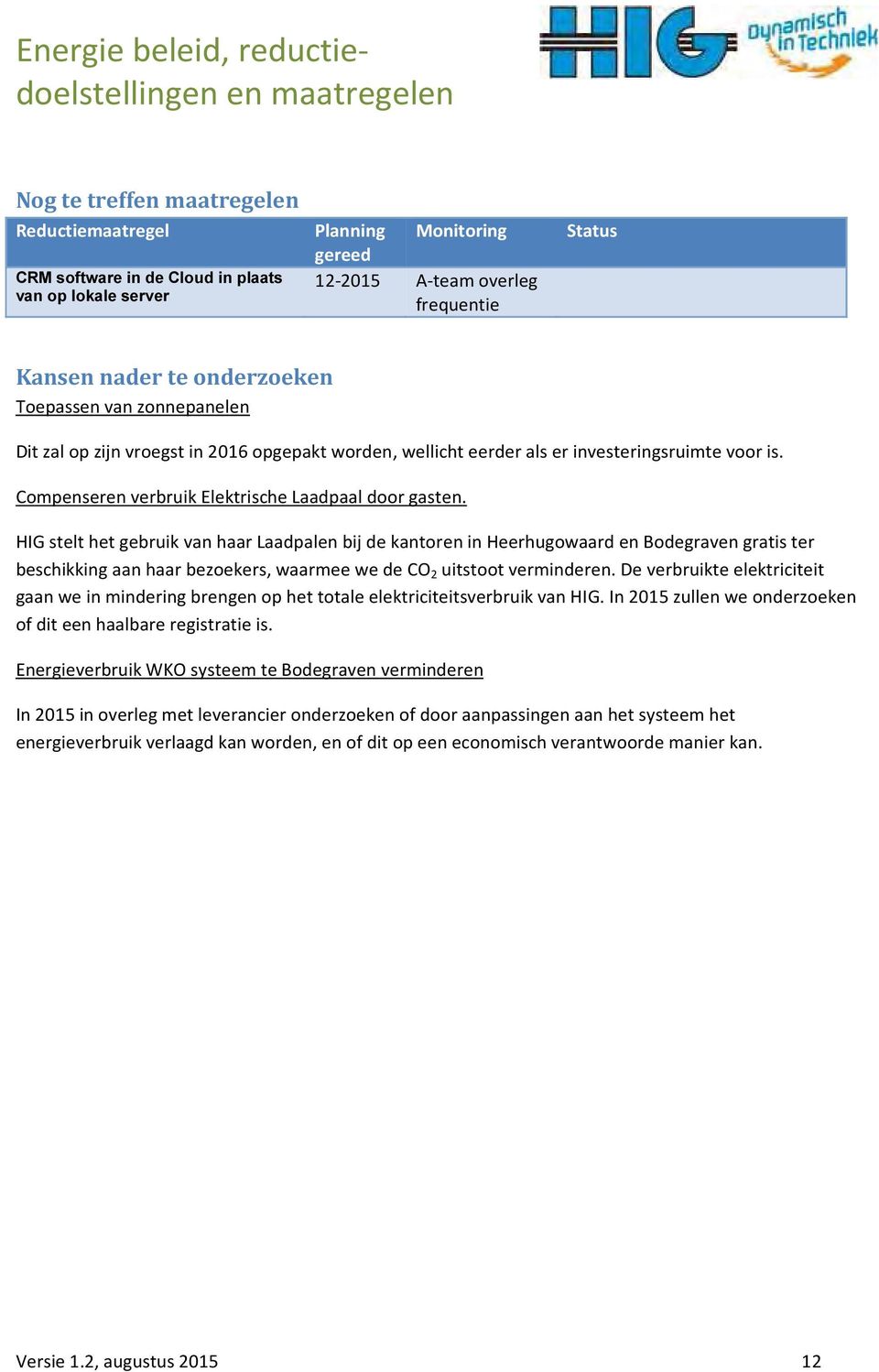 HIG stelt het gebruik van haar Laadpalen bij de kantoren in Heerhugowaard en Bodegraven gratis ter beschikking aan haar bezoekers, waarmee we de CO 2 uitstoot verminderen.