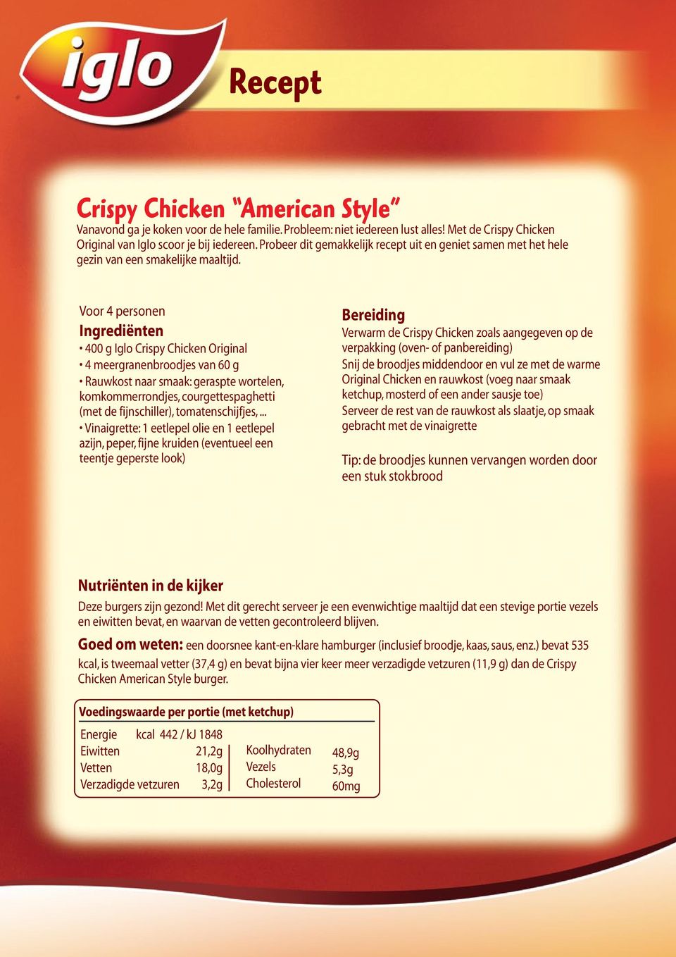 Voor 4 personen Ingrediënten 400 g Iglo Crispy Chicken Original 4 meergranenbroodjes van 60 g Rauwkost naar smaak: geraspte wortelen, komkommerrondjes, courgettespaghetti (met de fijnschiller),