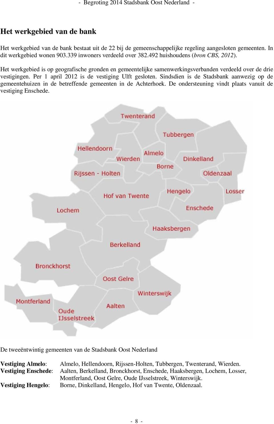 Sindsdien is de Stadsbank aanwezig op de gemeentehuizen in de betreffende gemeenten in de Achterhoek. De ondersteuning vindt plaats vanuit de vestiging Enschede.