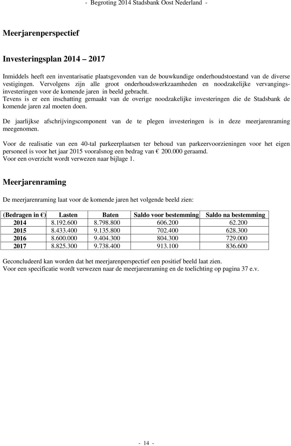 Tevens is er een inschatting gemaakt van de overige noodzakelijke investeringen die de Stadsbank de komende jaren zal moeten doen.