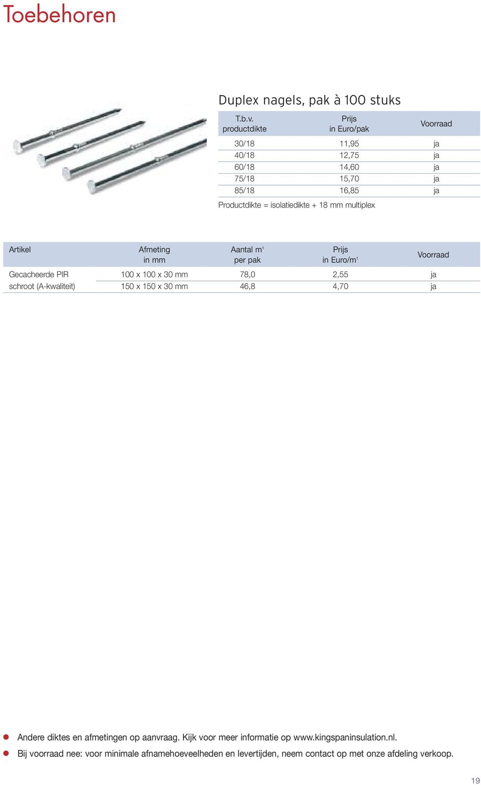 85/18 16,85 ja Productdikte = isolatiedikte + 18 mm multiplex Artikel Afmeting Aantal m 1