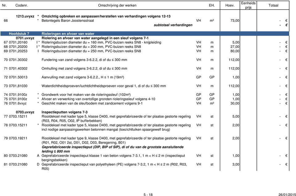 uvxyz Riolering en afvoer van water aangelegd in een sleuf volgens 7-1 67 0701,20160 I * Rioleringsbuizen diameter du = 160 mm, PVC-buizen reeks SN8 - knijpleiding VH m 5,00-68 0701,20200 I *