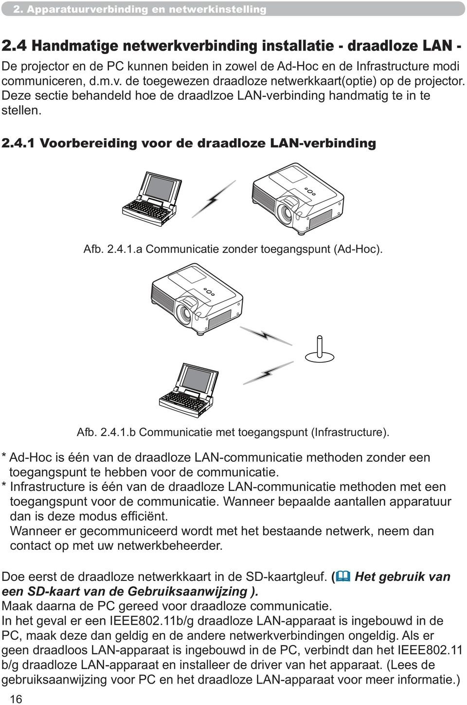 Deze sectie behandeld hoe de draadlzoe LAN-verbinding handmatig te in te stellen. 2.4.1 Voorbereiding voor de draadloze LAN-verbinding Afb. 2.4.1.a Communicatie zonder toegangspunt (Ad-Hoc).