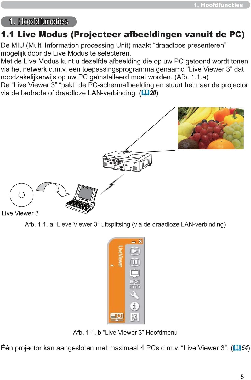 (Afb. 1.1.a) De Live Viewer 3 pakt de PC-schermafbeelding en stuurt het naar de projector via de bedrade of draadloze LAN-verbinding. ( 20) Live Viewer 3 Afb. 1.1. a Lieve Viewer 3 uitsplitsing (via de draadloze LAN-verbinding) Afb.