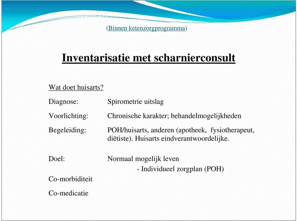 karakter; behandelmogelijkheden POH/huisarts, anderen (apotheek, fysiotherapeut,