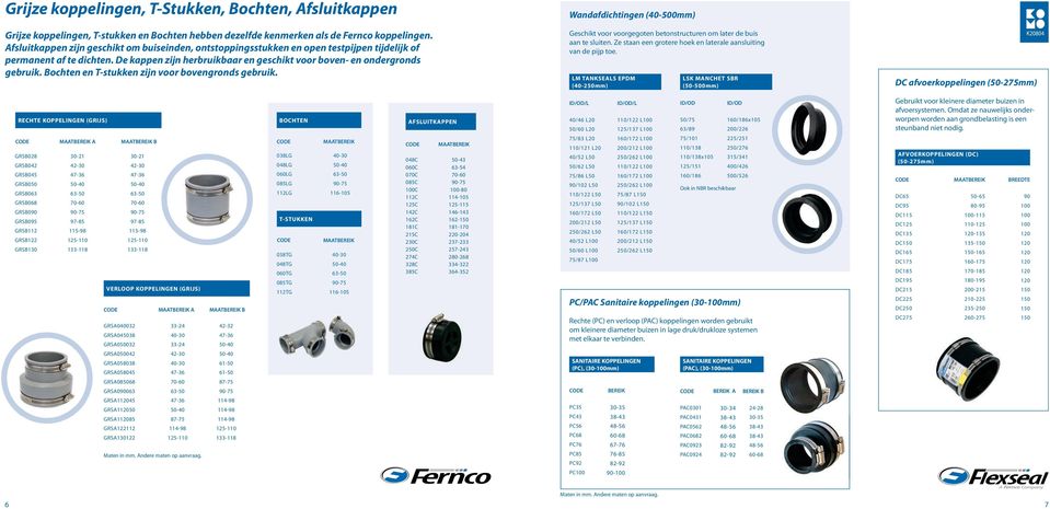 Bochten en T-stukken zijn voor bovengronds gebruik. Wandafdichtingen (40-500mm) Geschikt voor voorgegoten betonstructuren om later de buis aan te sluiten.