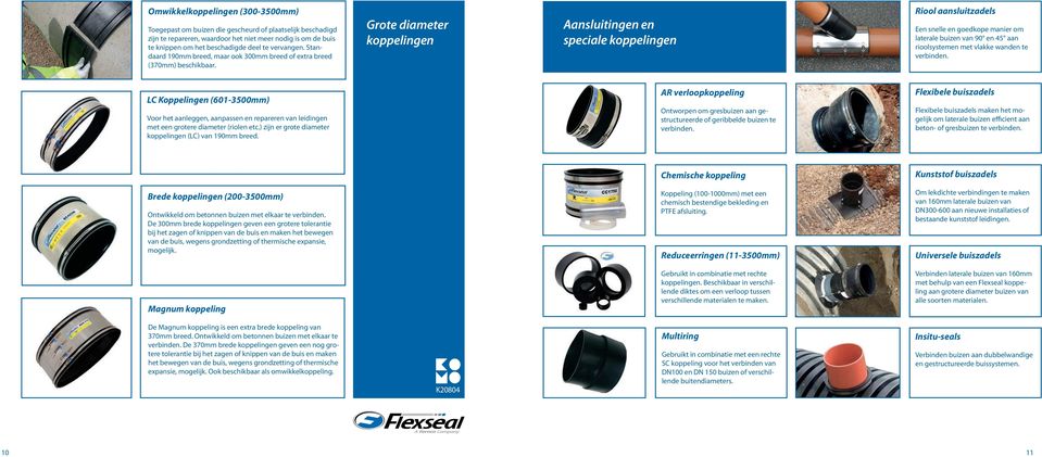 Grote diameter koppelingen Aansluitingen en speciale koppelingen Riool aansluitzadels Een snelle en goedkope manier om laterale buizen van 90 en 45 aan rioolsystemen met vlakke wanden te verbinden.