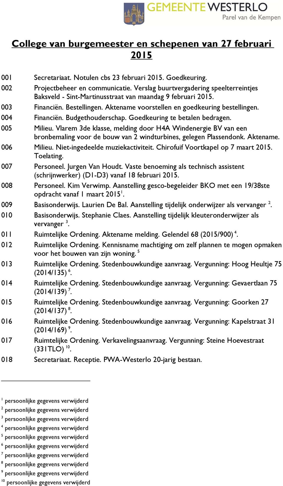 Budgethouderschap. Goedkeuring te betalen bedragen. 005 Milieu. Vlarem 3de klasse, melding door H4A Windenergie BV van een bronbemaling voor de bouw van 2 windturbines, gelegen Plassendonk. Aktename.