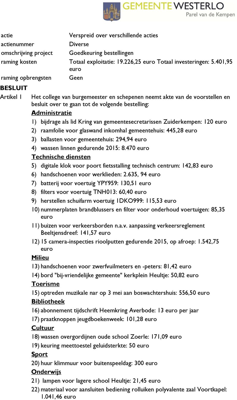 lid Kring van gemeentesecretarissen Zuiderkempen: 120 euro 2) raamfolie voor glaswand inkomhal gemeentehuis: 445,28 euro 3) ballasten voor gemeentehuis: 294,94 euro 4) wassen linnen gedurende 2015: 8.