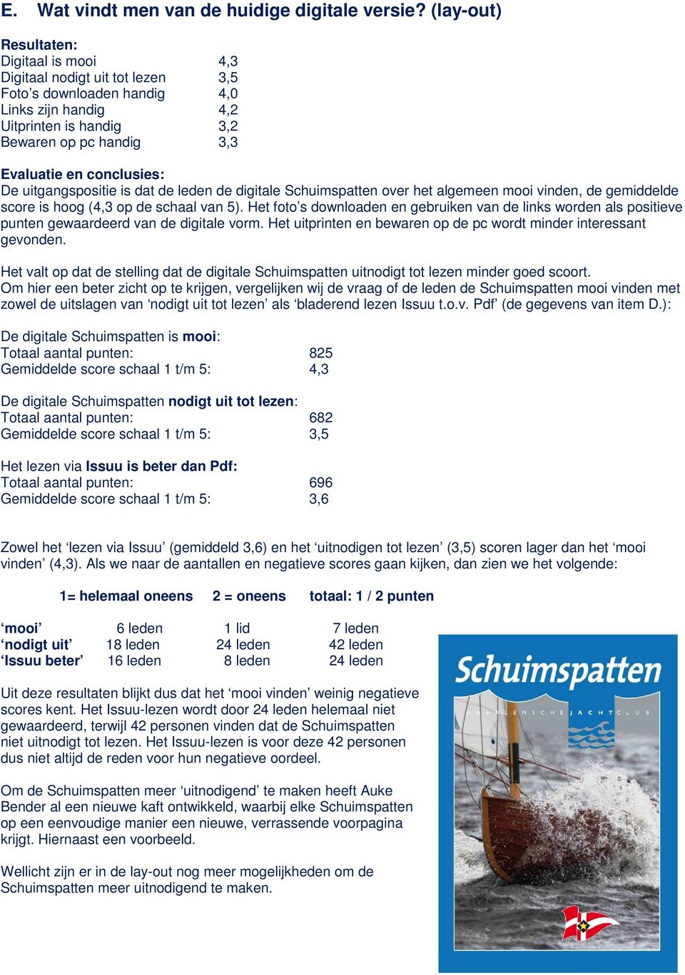 conclusies: De uitgangspositie is dat de leden de digitale Schuimspatten over het algemeen mooi vinden, de gemiddelde score is hoog (4,3 op de schaal van 5).