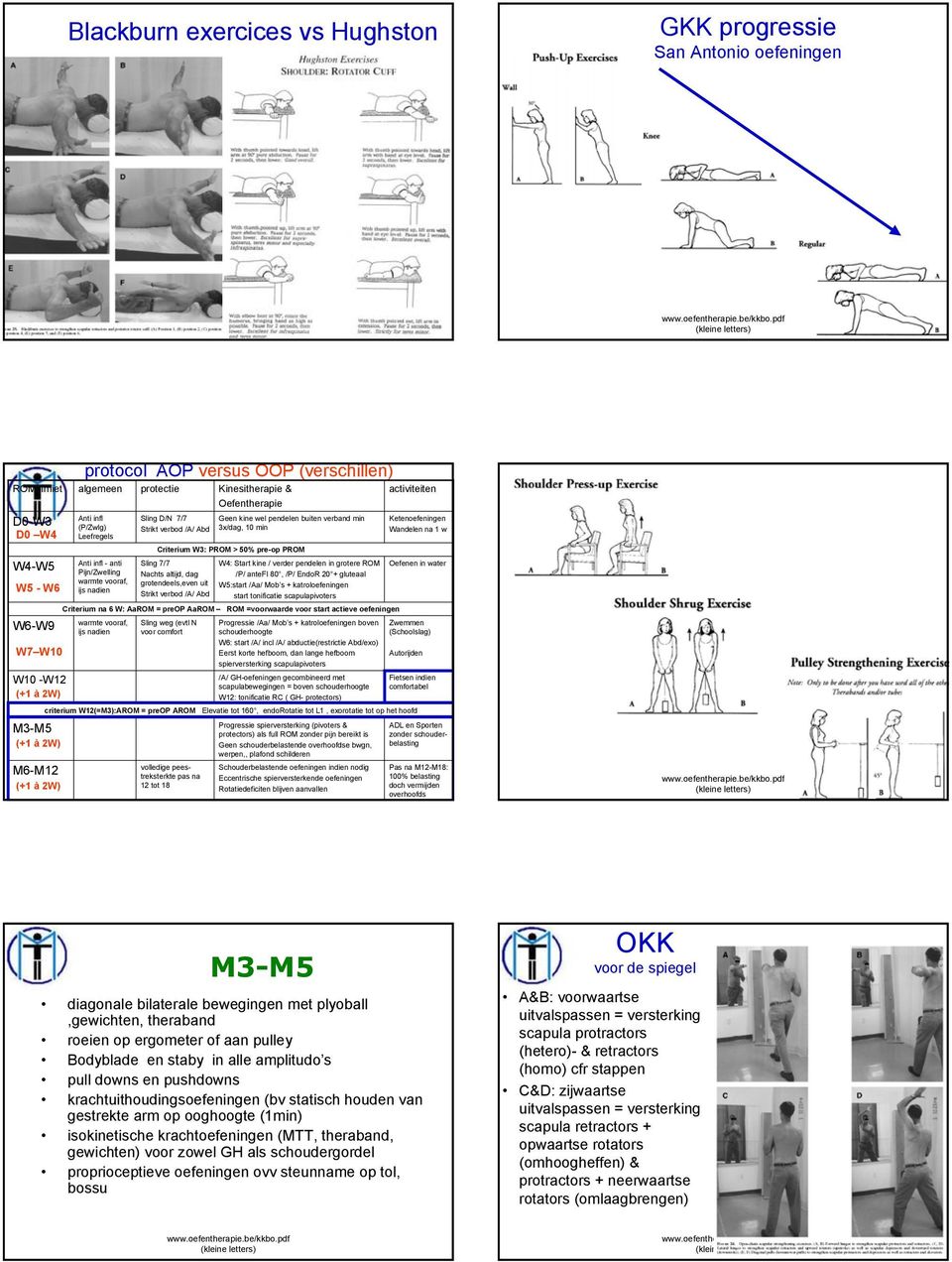 (Schoolslag) W6: start /A/ incl /A/ abductie(restrictie Abd/exo) W7 W10 Eerst korte hefboom, dan lange hefboom Autorijden spierversterking scapulapivoters W10 -W12 /A/ GH-oefeningen gecombineerd met