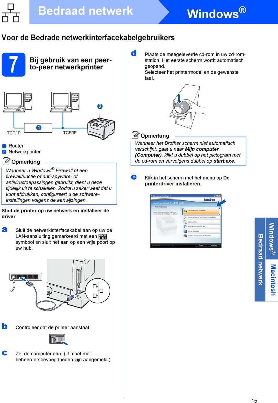 2 TCP/IP 1 a Router Netwerkprinter TCP/IP Wanneer u Windows Firewall of een firewallfunctie of anti-spyware- of antivirustoepassingen geruikt, dient u deze tijdelijk uit te schakelen.