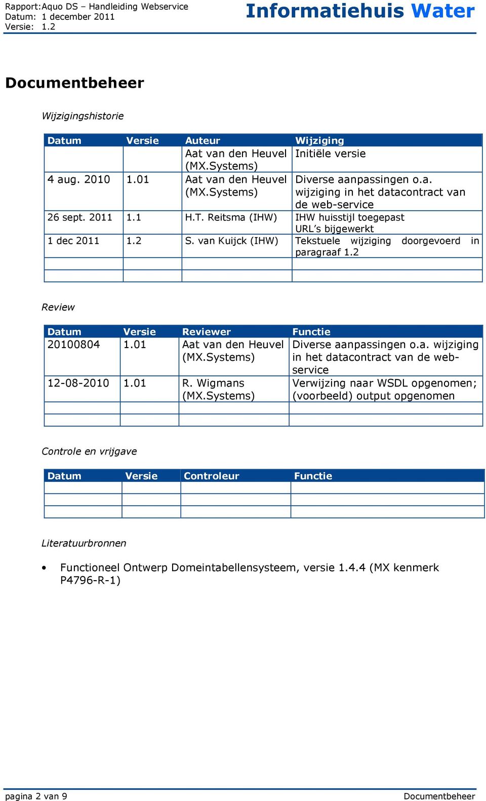 2 Review Datum Versie Reviewer Functie 20100804 1.01 Aat van den Heuvel Diverse aanpassingen o.a. wijziging (MX.Systems) in het datacontract van de webservice 12-08-2010 1.01 R. Wigmans (MX.