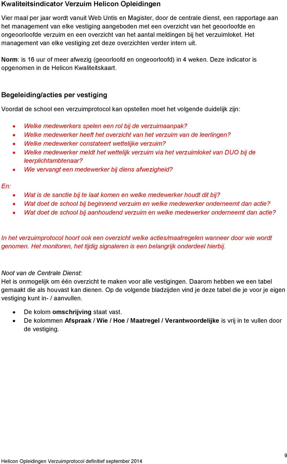 Norm: is 16 uur of meer afwezig (geoorloofd en ongeoorloofd) in 4 weken. Deze indicator is opgenomen in de Helicon Kwaliteitskaart.