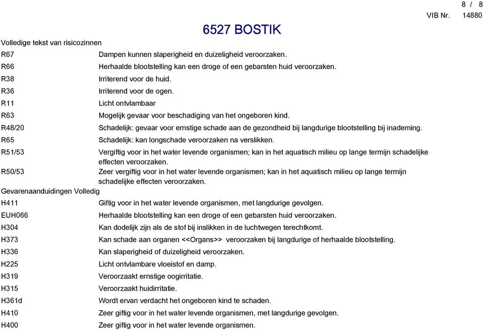 R48/20 Schadelijk: gevaar voor ernstige schade aan de gezondheid bij langdurige blootstelling bij inademing. R65 Schadelijk: kan longschade veroorzaken na verslikken.