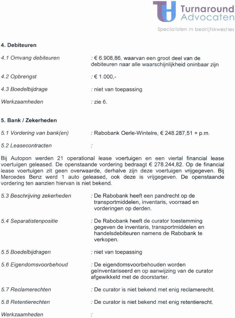 De openstaande vordering bedraagt 278.244,82. Op de financial lease voertuigen zit geen overwaarde, derhalve zijn deze voertuigen vrijgegeven.