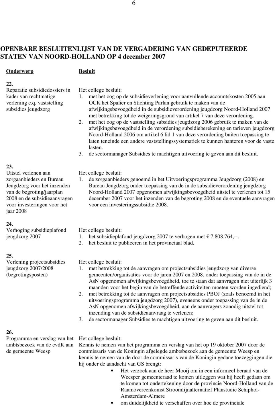 Verhoging subsidieplafond jeugdzorg 2007 25. Verlening projectsubsidies jeugdzorg 2007/2008 (begrotingsposten) 26. Programma en verslag van het ambtsbezoek van de cvdk aan de gemeente Weesp 1.