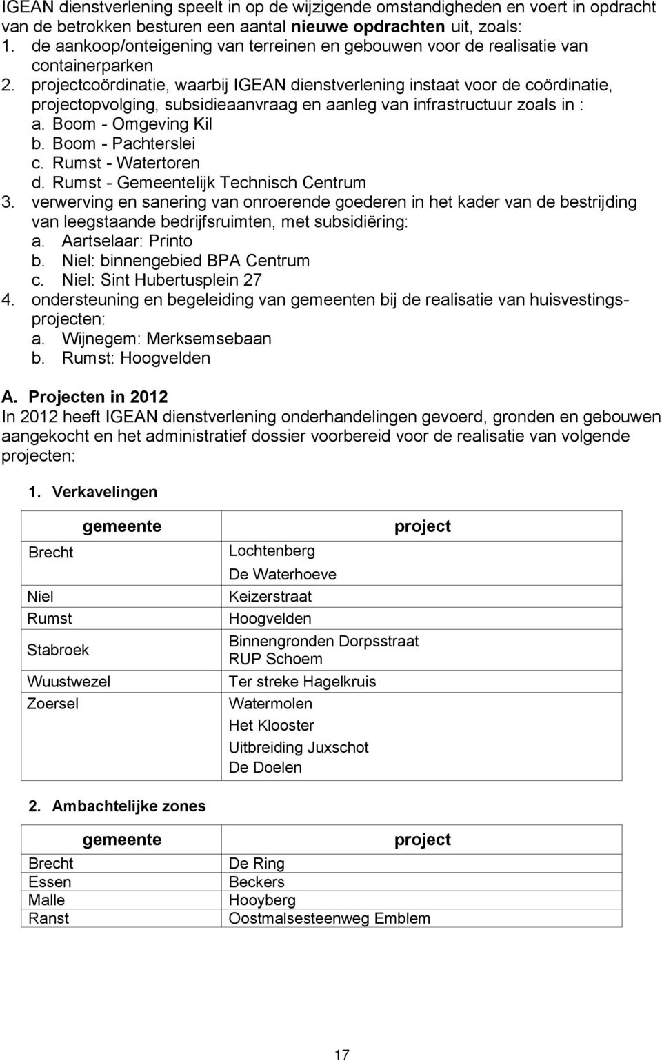 projectcoördinatie, waarbij IGEAN dienstverlening instaat voor de coördinatie, projectopvolging, subsidieaanvraag en aanleg van infrastructuur zoals in : a. Boom - Omgeving Kil b.