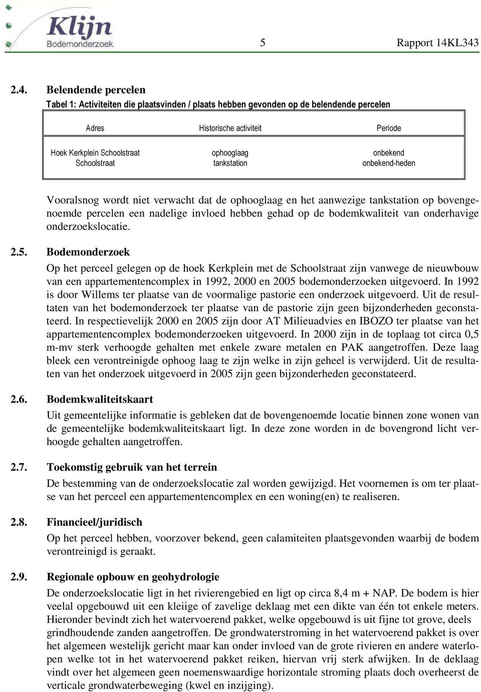 onbekend Schoolstraat tankstation onbekend-heden Vooralsnog wordt niet verwacht dat de ophooglaag en het aanwezige tankstation op bovengenoemde percelen een nadelige invloed hebben gehad op de