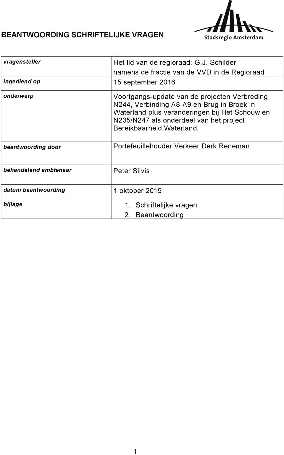 Schilder namens de fractie van de VVD in de Regioraad onderwerp Voortgangs-update van de projecten Verbreding N244, Verbinding A8-A9 en