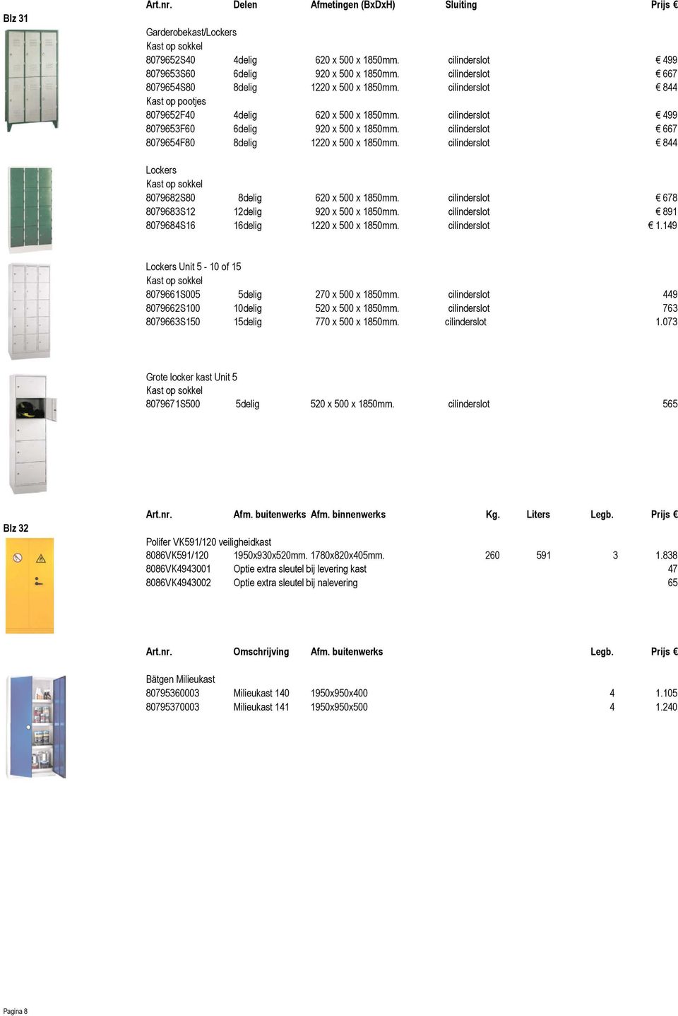 cilinderslot 667 8079654F80 8delig 1220 x 500 x 1850mm. cilinderslot 844 Lockers 8079682S80 8delig 620 x 500 x 1850mm. cilinderslot 678 8079683S12 12delig 920 x 500 x 1850mm.