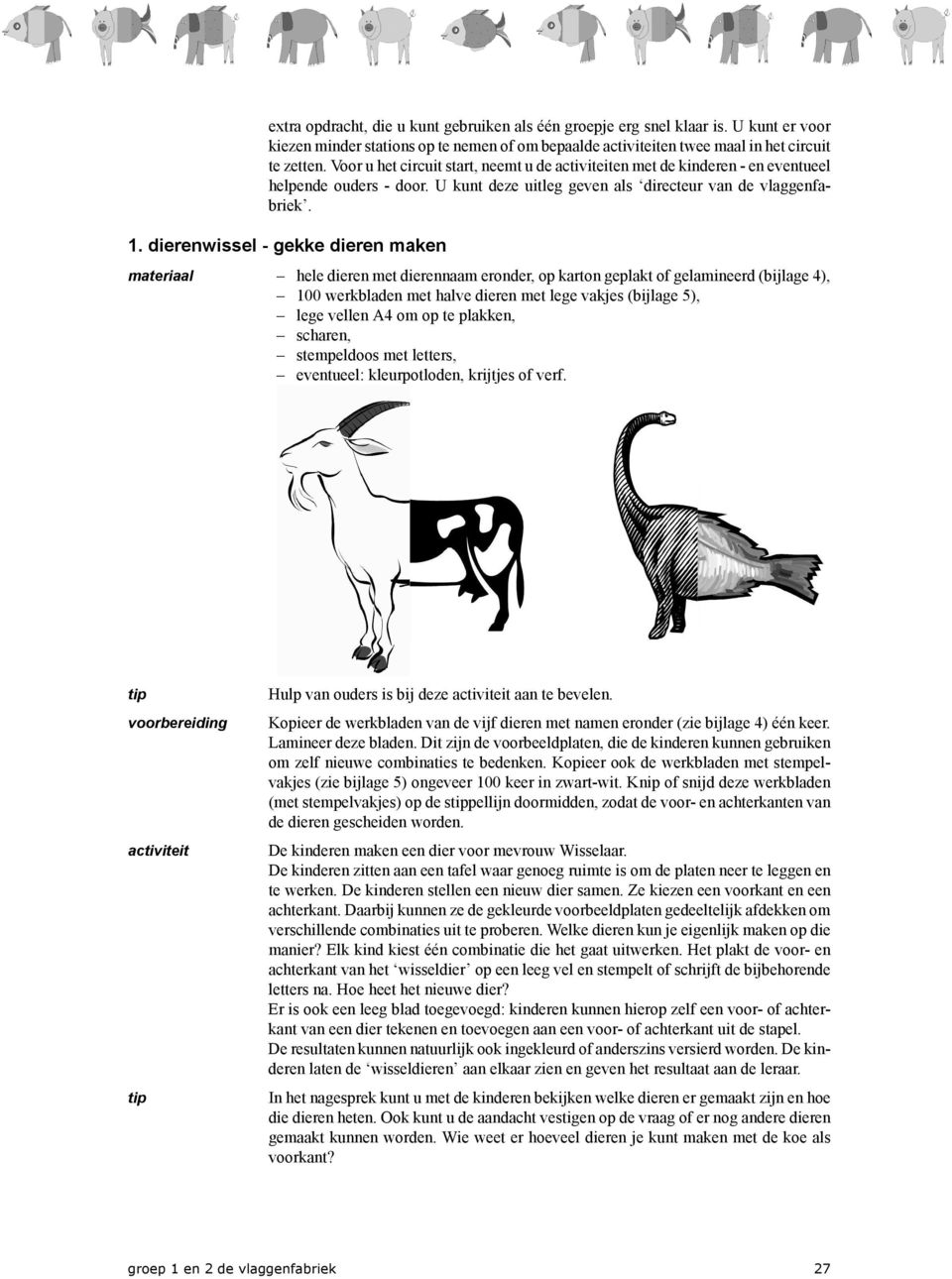 dierenwissel - gekke dieren maken materiaal hele dieren met dierennaam eronder, op karton geplakt of gelamineerd (bijlage 4), 100 werkbladen met halve dieren met lege vakjes (bijlage 5), lege vellen