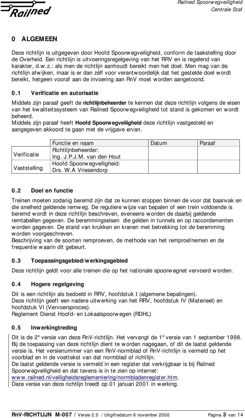 1 Verificatie en autorisatie Middels zijn paraaf geeft de richtlijnbeheerder te kennen dat deze richtlijn volgens de eisen van het kwaliteitssysteem van Railned Spoorwegveiligheid tot stand is