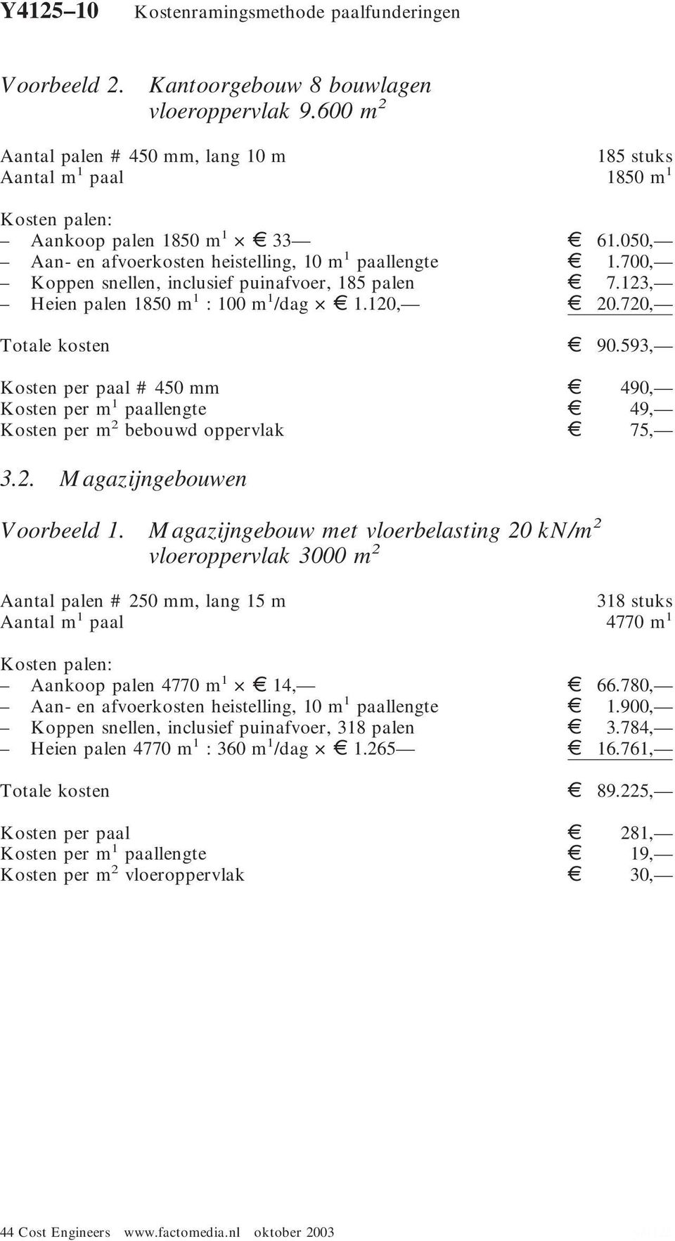 7.123, Heien palen 1850 m 1 : 100 m 1 /dag. 1.120,. 20.720, Totale kosten. 90.593, Kosten per paal # 450 mm. 490, Kosten per m 1 paallengte. 49, Kosten per m 2 bebouwd oppervlak. 75, 3.2. Magazijngebouwen Voorbeeld 1.