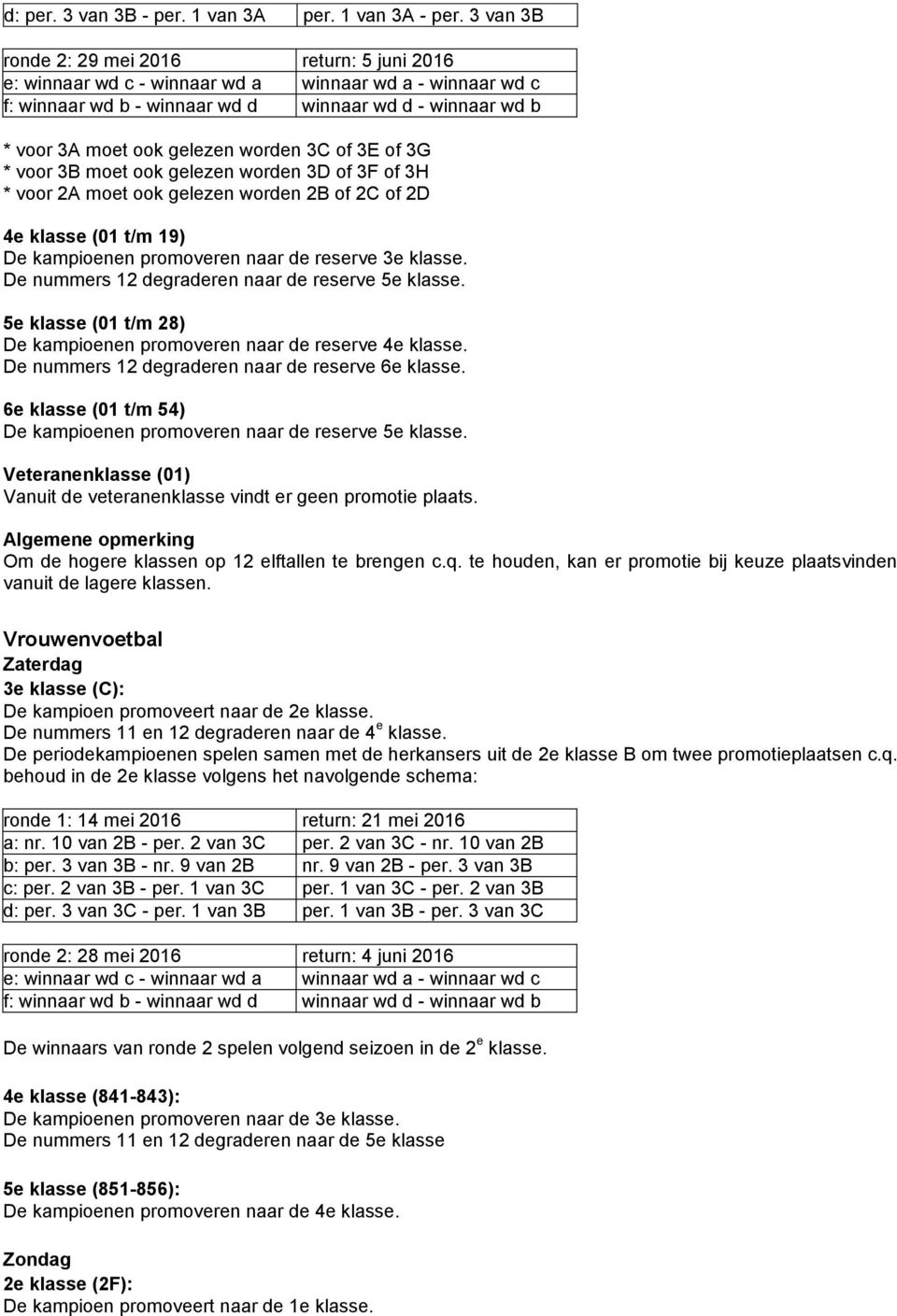 klasse (01 t/m 19) De kampioenen promoveren naar de reserve 3e klasse. De nummers 12 degraderen naar de reserve 5e klasse. 5e klasse (01 t/m 28) De kampioenen promoveren naar de reserve 4e klasse.