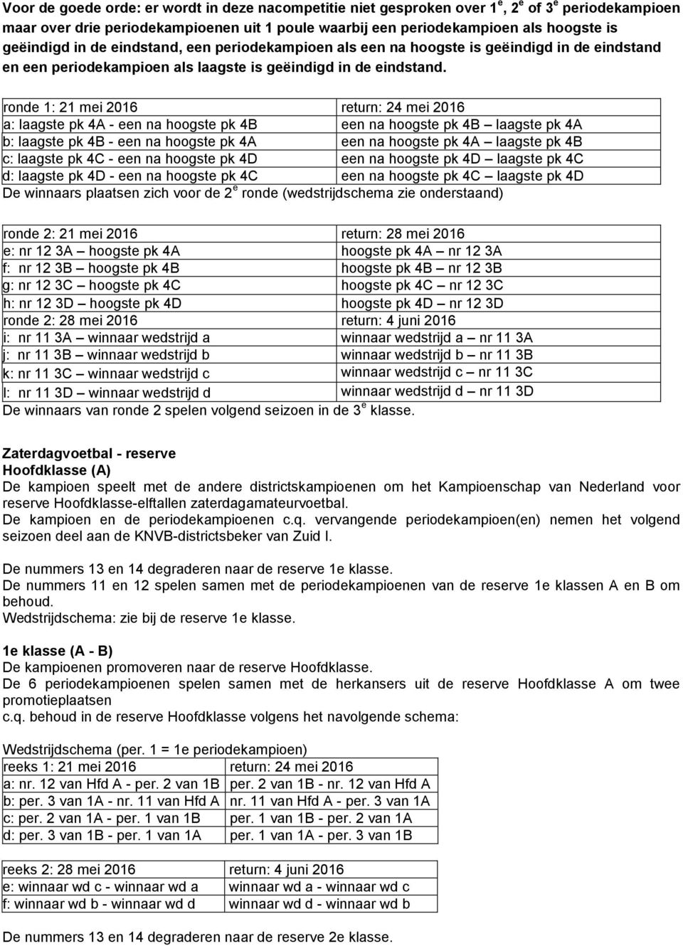 ronde 1: 21 mei 2016 return: 24 mei 2016 a: laagste pk 4A - een na hoogste pk 4B een na hoogste pk 4B laagste pk 4A b: laagste pk 4B - een na hoogste pk 4A een na hoogste pk 4A laagste pk 4B c: