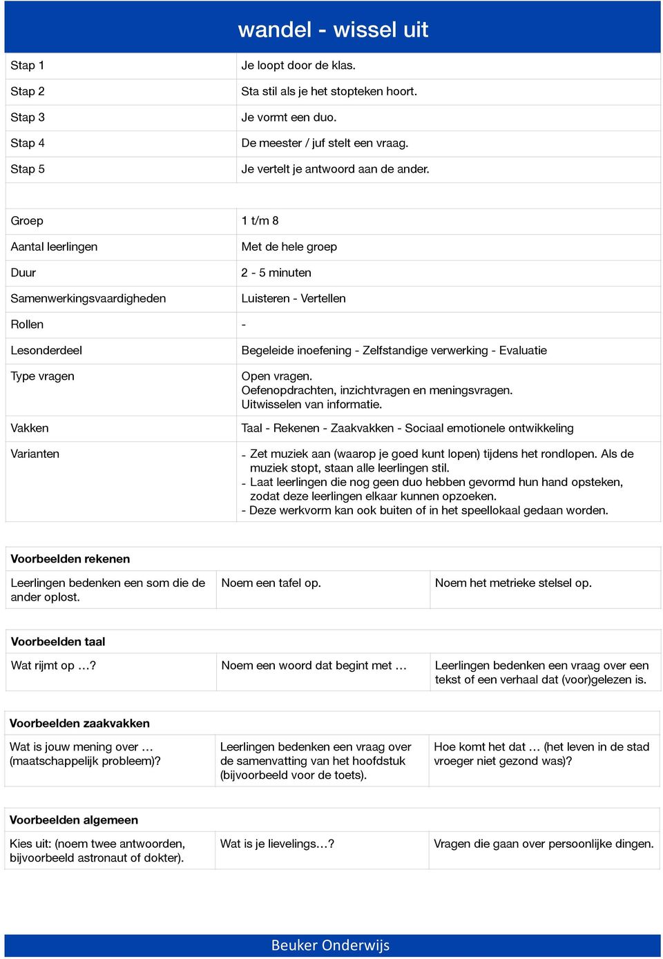 Uitwisselen van informatie. Taal - Rekenen - Zaakvakken - Sociaal emotionele ontwikkeling - Zet muziek aan (waarop je goed kunt lopen) tijdens het rondlopen.