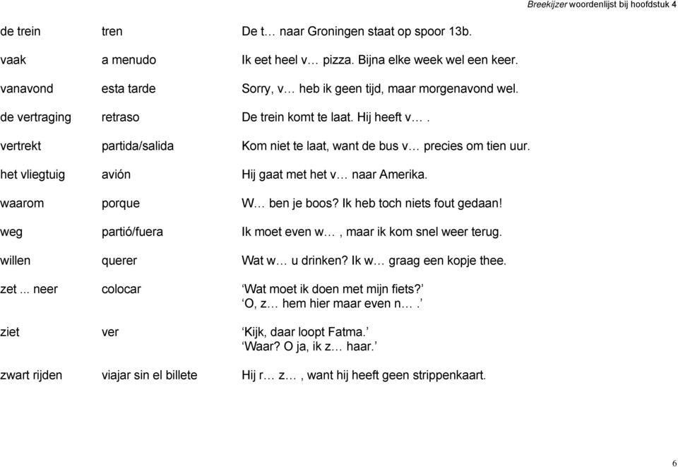 waarom porque W ben je boos? Ik heb toch niets fout gedaan! weg partió/fuera Ik moet even w, maar ik kom snel weer terug. willen querer Wat w u drinken? Ik w graag een kopje thee. zet.