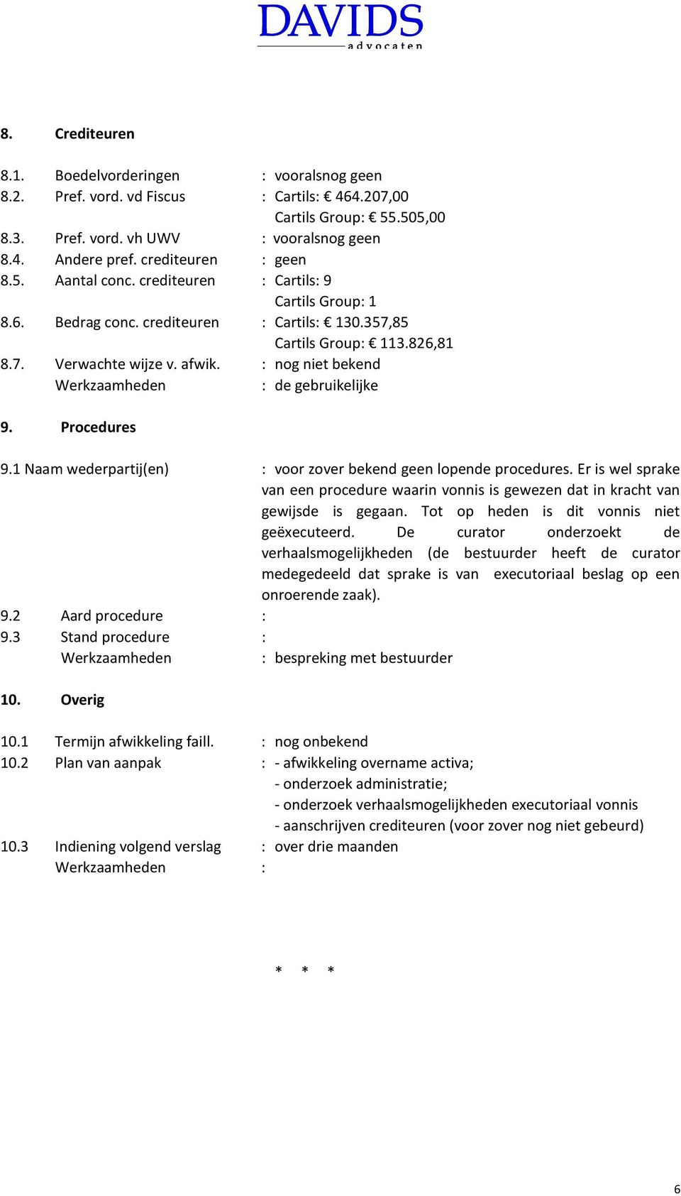 : nog niet bekend : de gebruikelijke 9. Procedures 9.1 Naam wederpartij(en) : voor zover bekend geen lopende procedures.