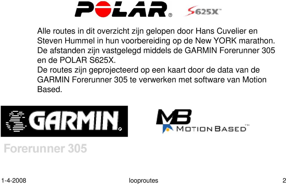 De afstanden zijn vastgelegd middels de GARMIN Forerunner 305 en de POLAR S625X.