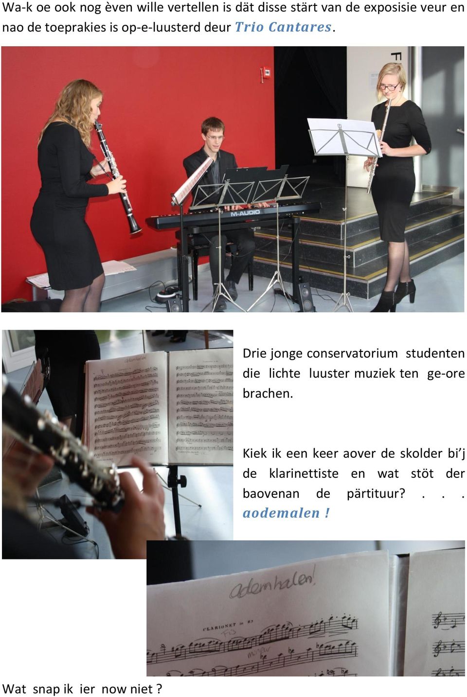 Drie jonge conservatorium studenten die lichte luuster muziek ten ge-ore brachen.