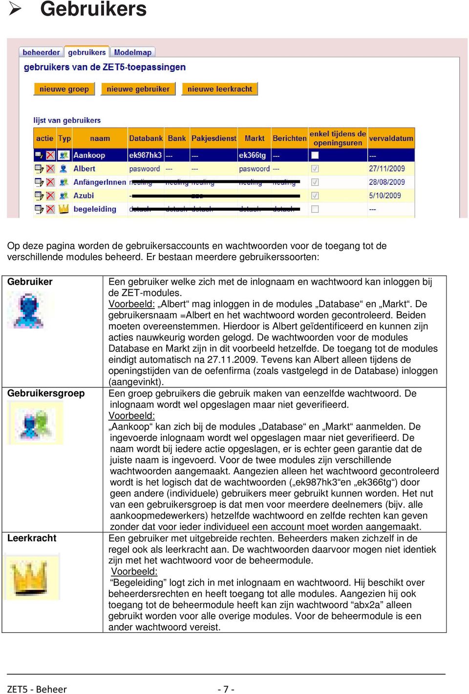 Voorbeeld: Albert mag inloggen in de modules Database en Markt. De gebruikersnaam =Albert en het wachtwoord worden gecontroleerd. Beiden moeten overeenstemmen.