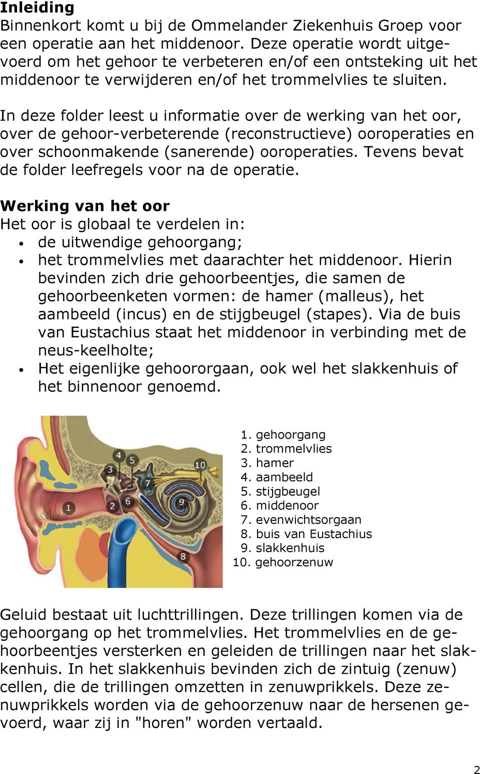 In deze folder leest u informatie over de werking van het oor, over de gehoor-verbeterende (reconstructieve) ooroperaties en over schoonmakende (sanerende) ooroperaties.