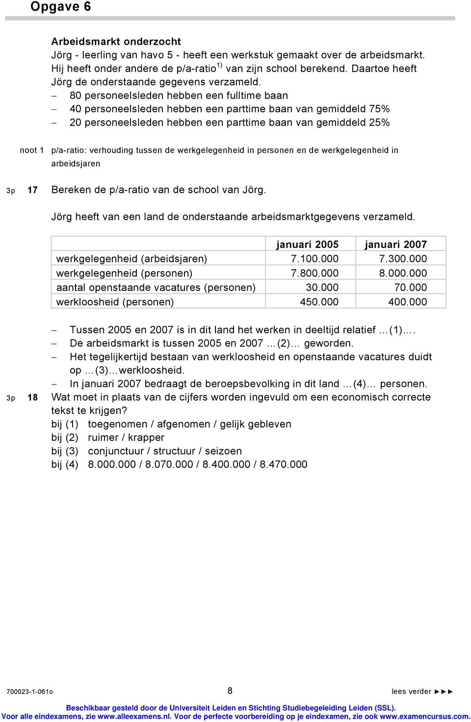 80 personeelsleden hebben een fulltime baan 40 personeelsleden hebben een parttime baan van gemiddeld 75% 20 personeelsleden hebben een parttime baan van gemiddeld 25% noot 1 p/a-ratio: verhouding