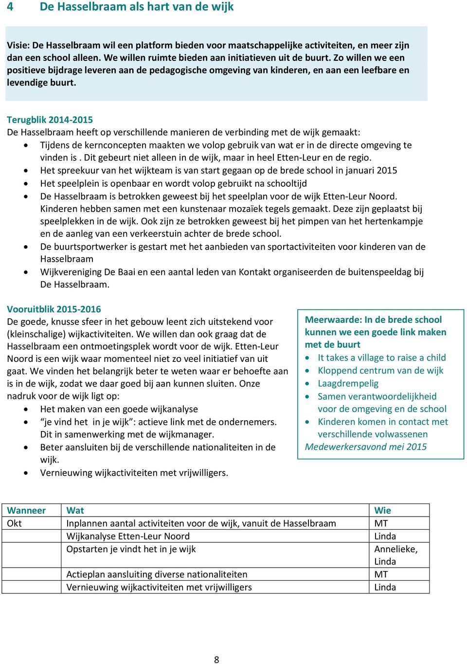 Terugblik 2014-2015 De Hasselbraam heeft op verschillende manieren de verbinding met de wijk gemaakt: Tijdens de kernconcepten maakten we volop gebruik van wat er in de directe omgeving te vinden is.