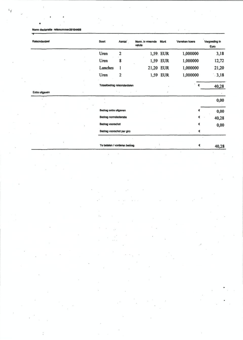 EUR,000000 3,8 Uren 8,59 EUR,000000 2,72 Lunches 2,20 EUR,000000 2,20 Uren 2,59 EUR,000000 3,8