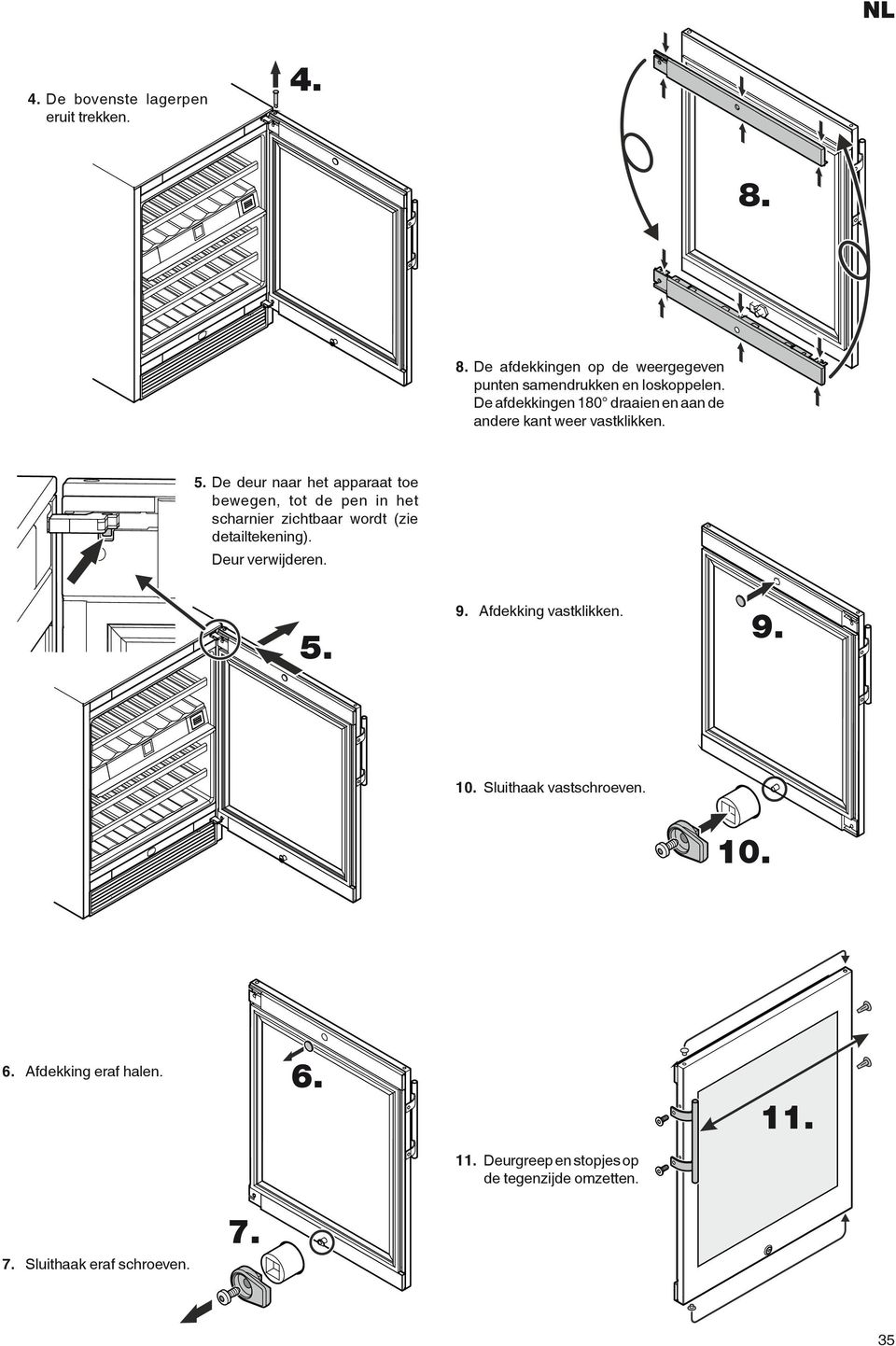 De deur naar het apparaat toe bewegen, tot de pen in het scharnier zichtbaar wordt (zie detailtekening). Deur verwijderen.