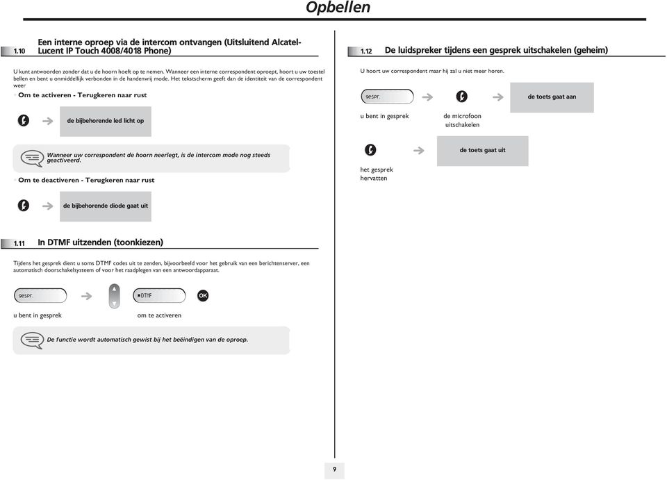 Wanneer een interne correspondent oproept, hoort u uw toestel bellen en bent u onmiddellijk verbonden in de handenvrij mode.