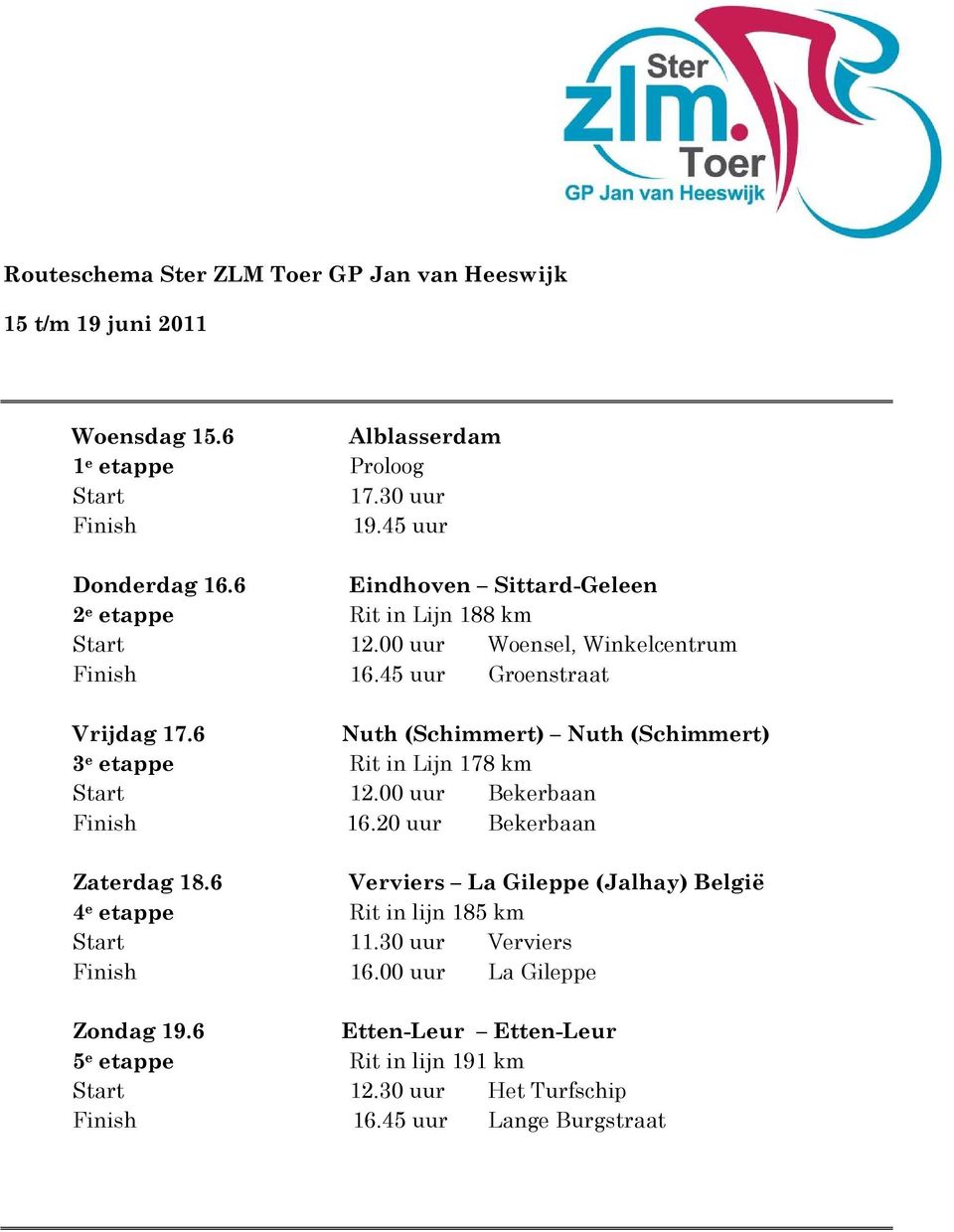 6 Nuth (Schimmert) Nuth (Schimmert) 3 e etappe Rit in Lijn 178 km Start 12.00 uur Bekerbaan Finish 16.20 uur Bekerbaan Zaterdag 18.