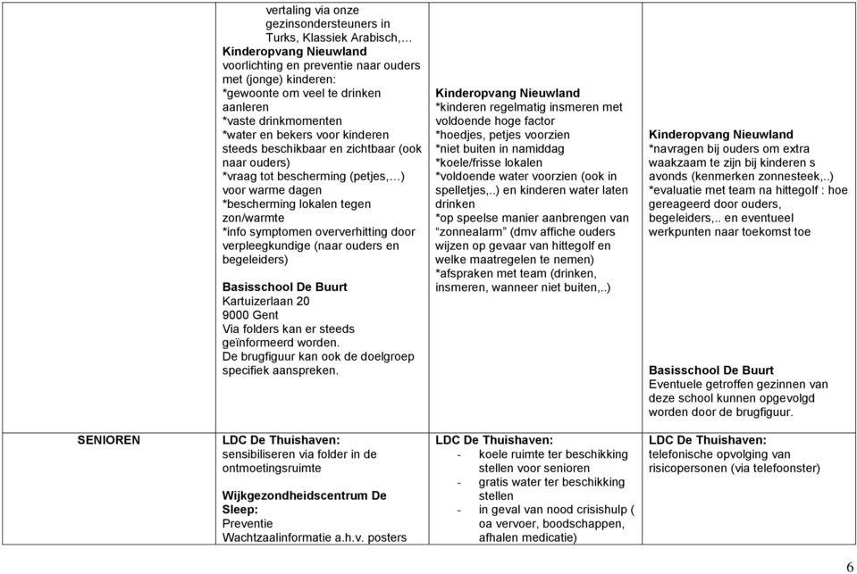 oververhitting door verpleegkundige (naar ouders en begeleiders) Basisschool De Buurt Kartuizerlaan 20 9000 Gent Via folders kan er steeds geïnformeerd worden.